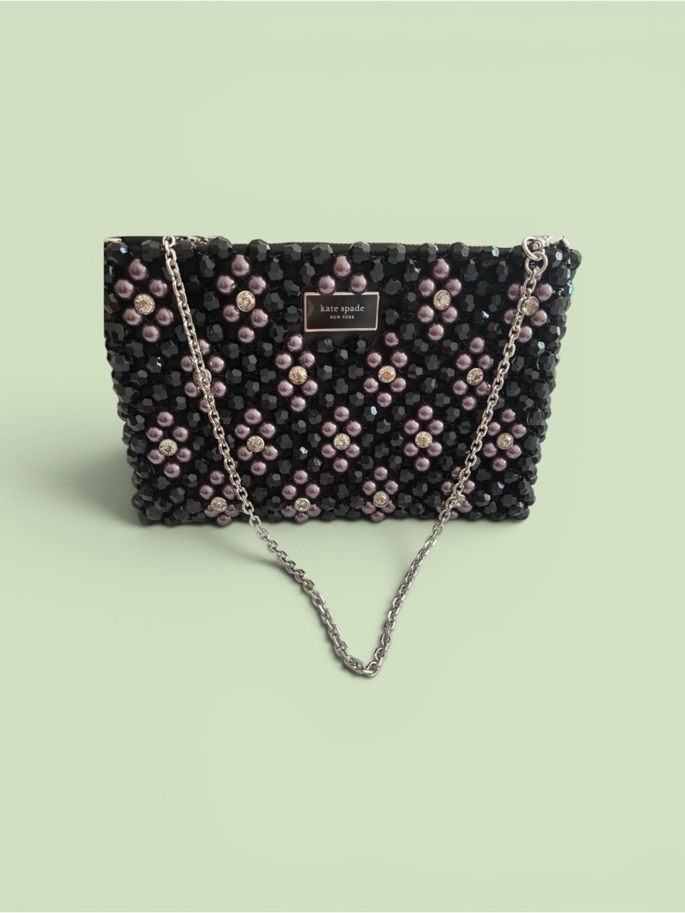 kate spade Black Beaded Clutch with Pink Floral Accents